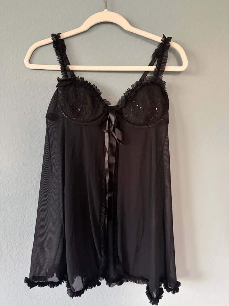Victoria's Secret Black Sheer Lace Babydoll Chemise With Satin Bow